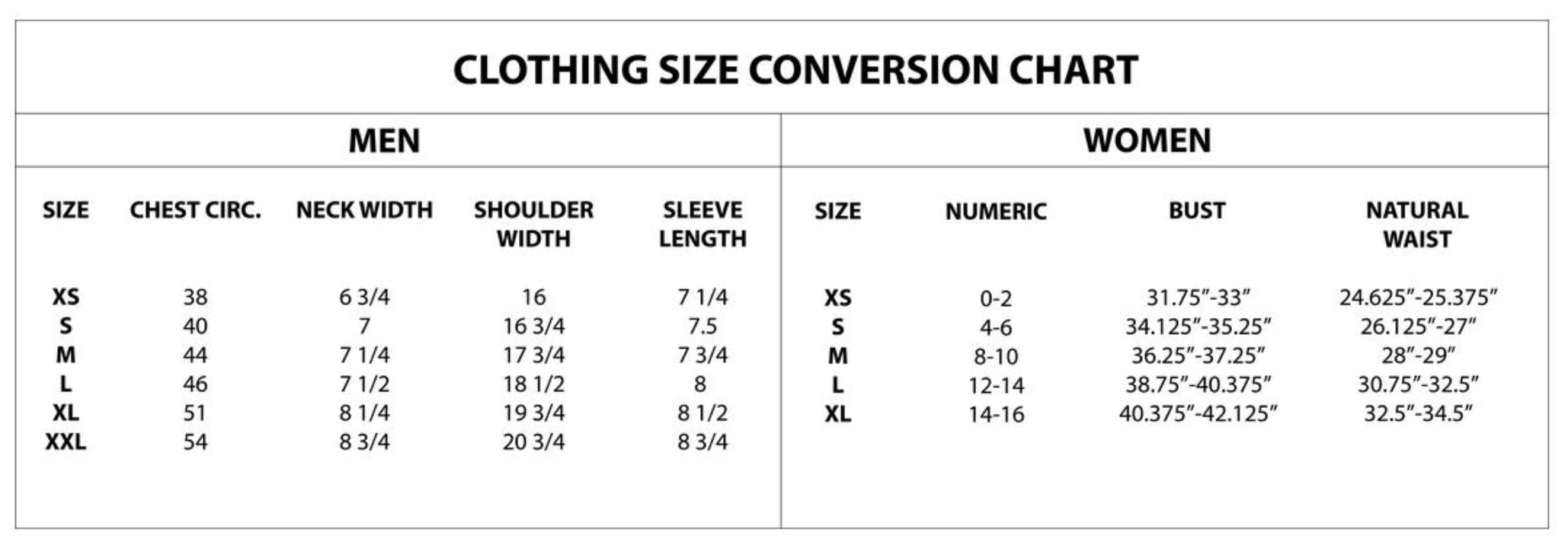 T-shirt size chart