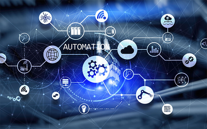 A graphic showing the evolution of work through automation, with robots and AI enhancing productivity in various industries.