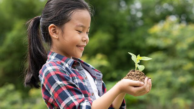 A young girl gently holds a small plant, symbolizing environmental awareness