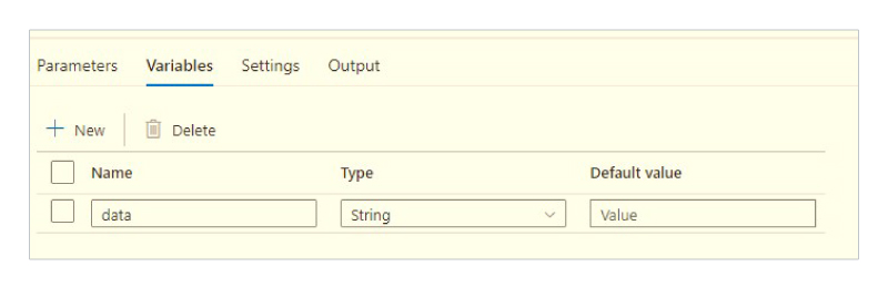 Screenshot: pipeline variable setup with data as the variable name and String as the selected type.