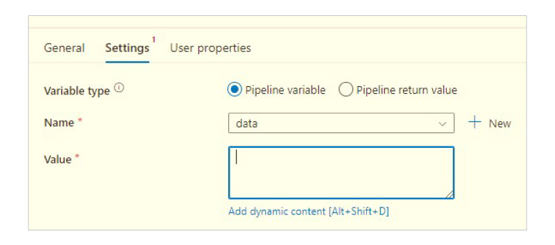 Screenshot of pipeline variables setup with data as a String and default value specified as Value.