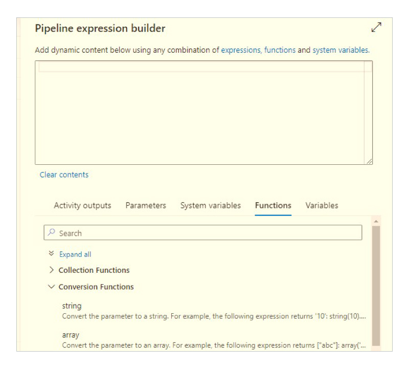 Pipeline expression builder: Functions tab open, string under Conversion Functions selected