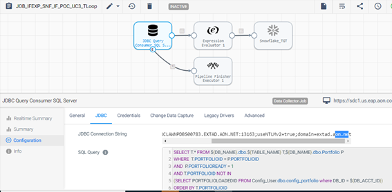 StreamSets Data Collector screenshot showing JDBC Query Consumer config and SQL query to Snowflake pipeline.