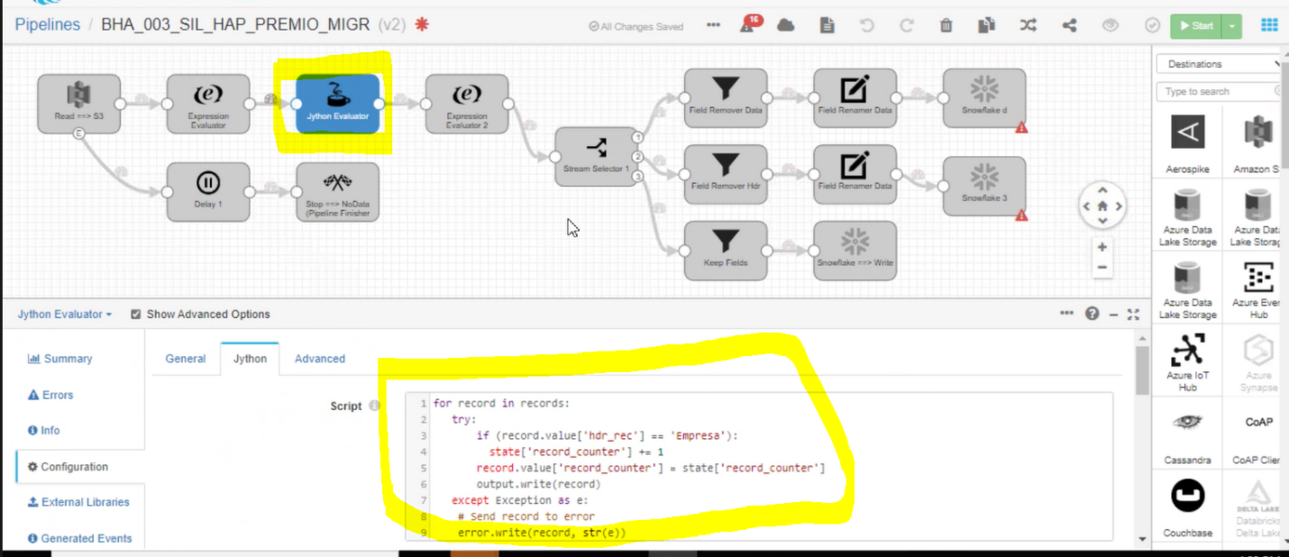 Screenshot of a data pipeline canvas with steps