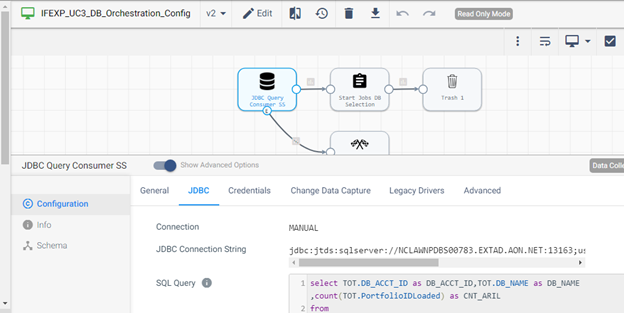 StreamSets pipeline: JDBC Query Consumer SS -> Start Jobs on Selection -> Trash; JDBC tab showing SQL SELECT query.