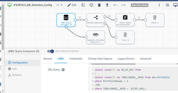 StreamSets pipeline: JDBC Query Consumer → Stream Selector → Start Table Orchestration; JDBC tab shows COUNT query.