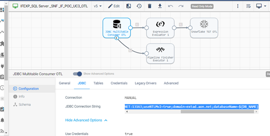 StreamSets: JDBC Multitable Consumer → Expression Evaluator → Snowflake TGT; branch to Pipeline Finisher; JDBC tab open.