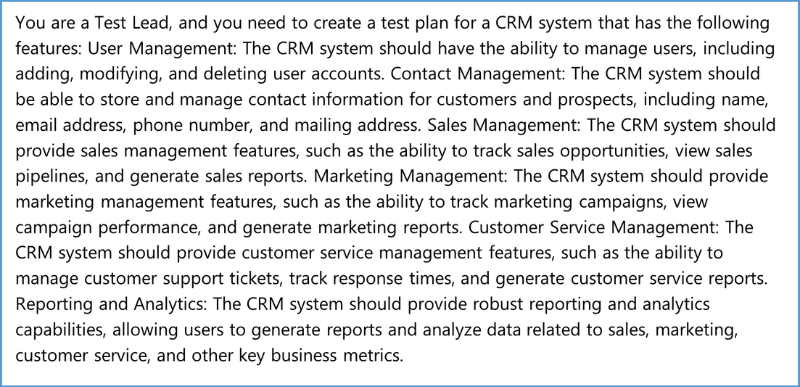 Screenshot of instructions to create a CRM test plan: user and contact management, sales, marketing, customer services.