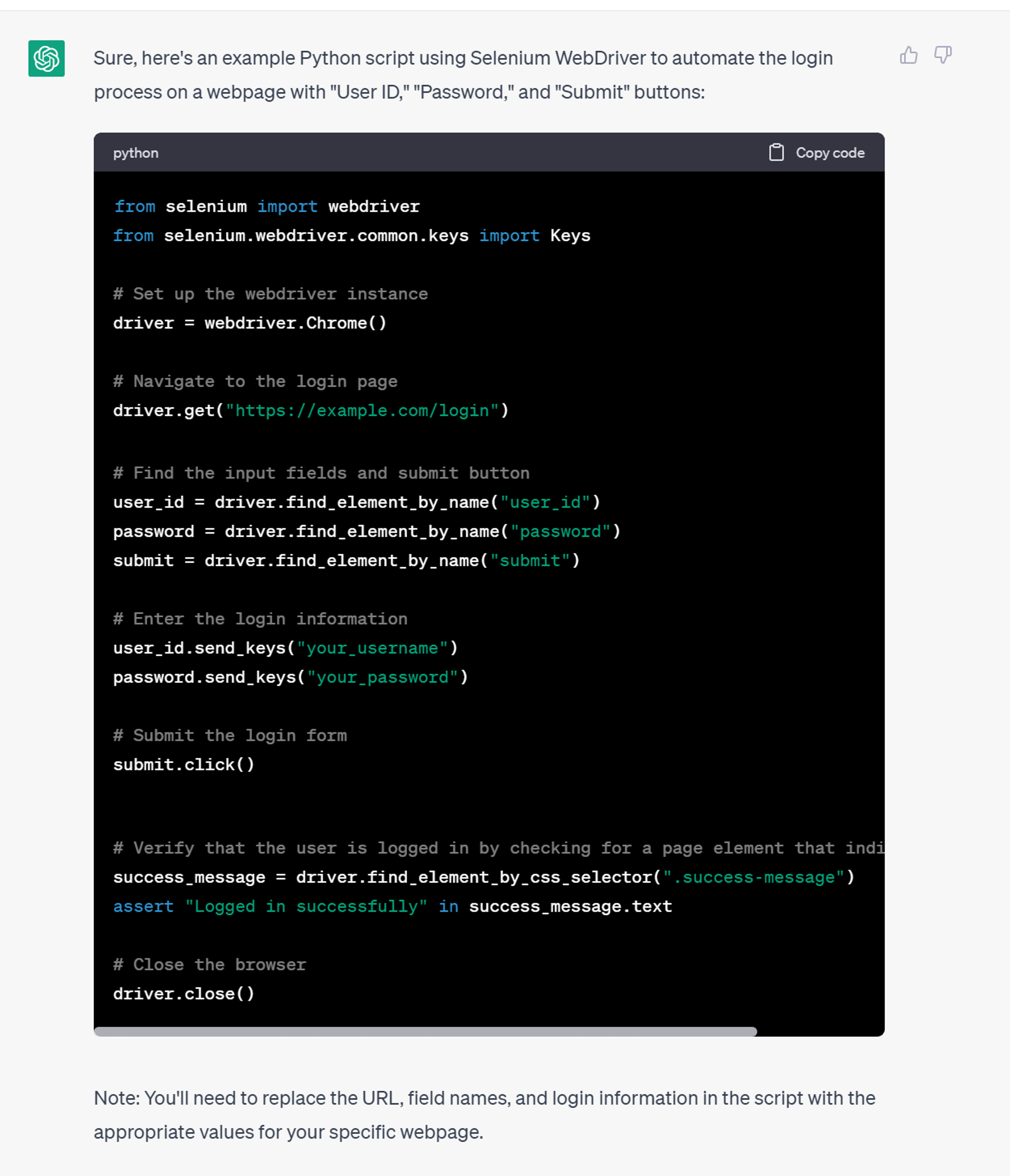 Screenshot: Python Selenium WebDriver login script