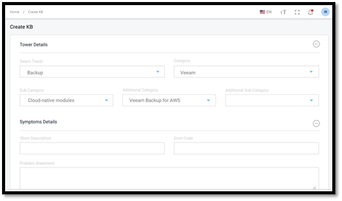 Tensai Create KB form: Backup tower, Veeam category, Cloud-native modules; fields for description and error code.
