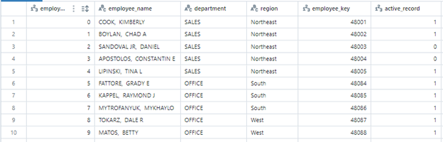 Visual representation sample employee table