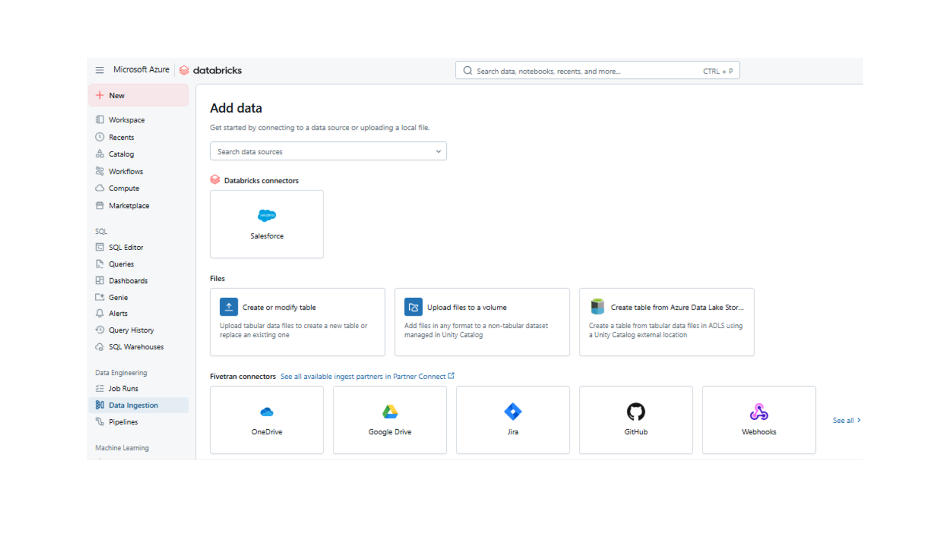 Dashboard settings screen featuring 'Data Ingestion' tab and 'Salesforce' connector listed under 'Databricks connectors'.