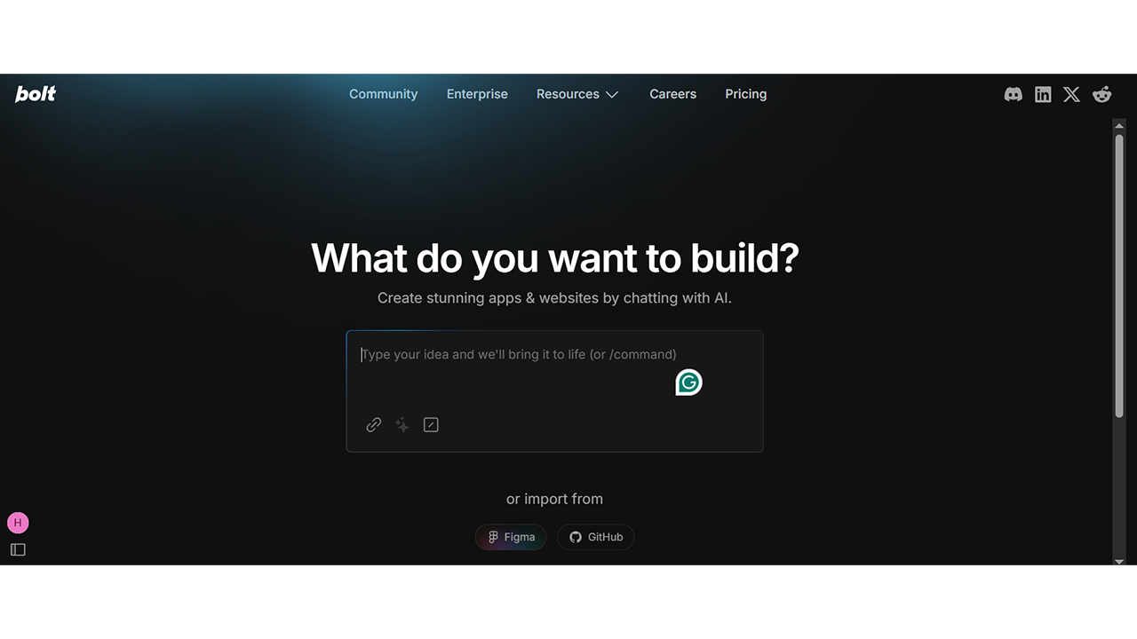 App interface displaying what do you want to build