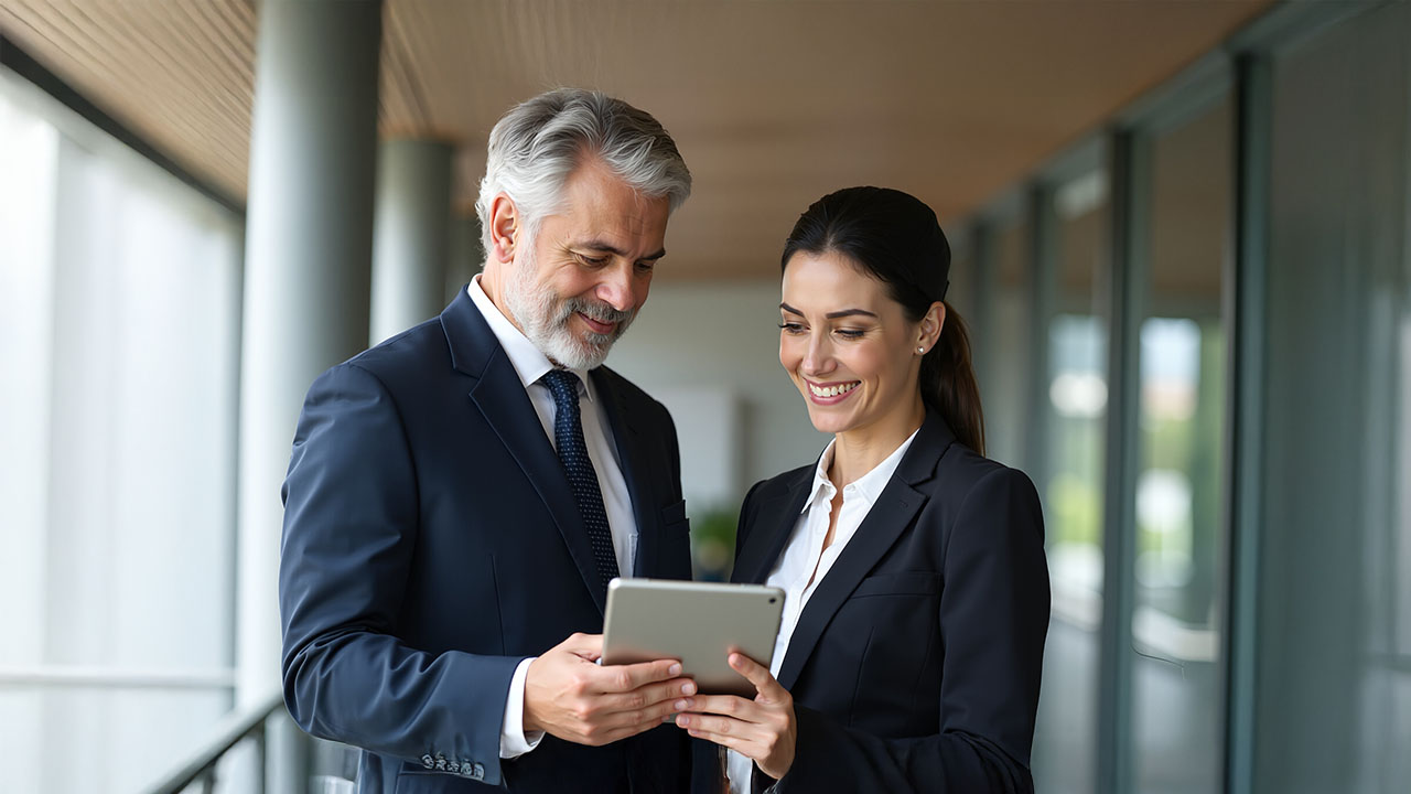 Smiling, two colleagues look at a tablet, engaged in a conversation about innovative banking solutions.