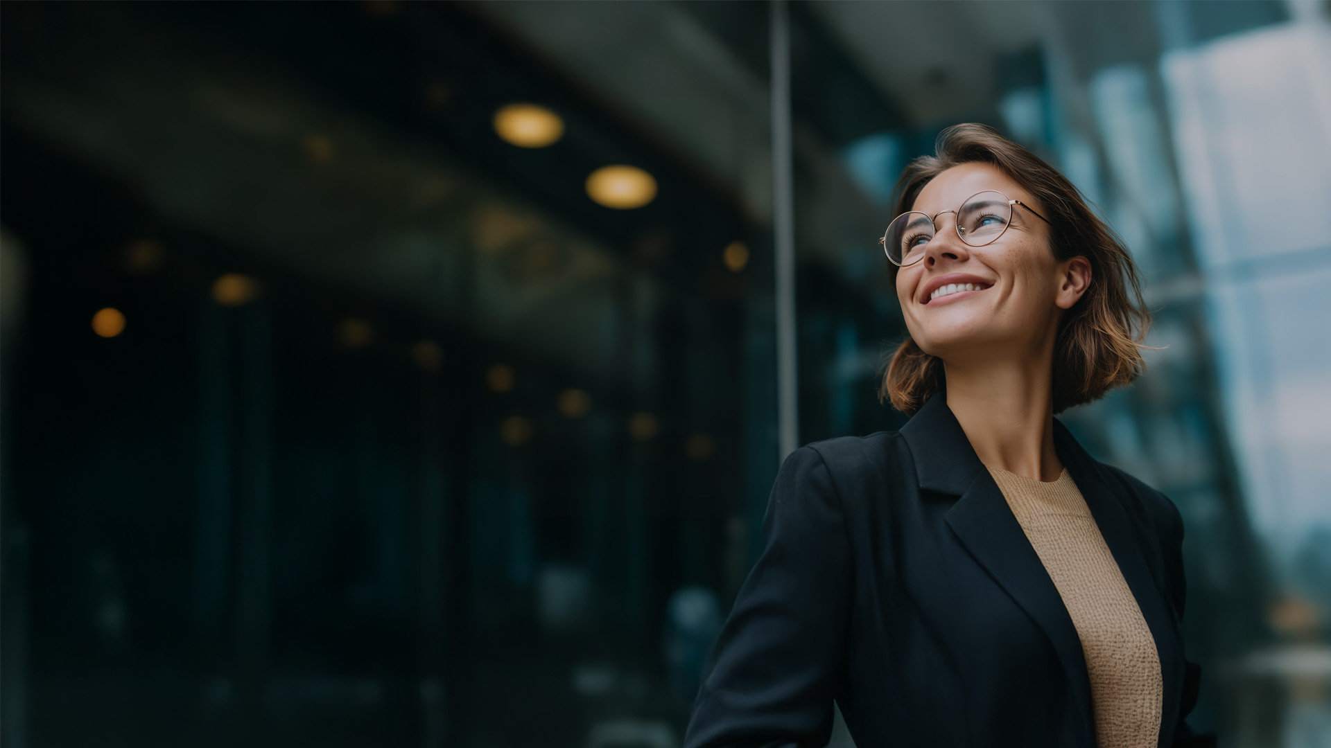  A woman is happy about realizing business success with intelligent mortgage loan services.