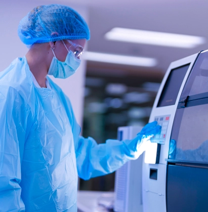 Healthcare professional in protective equipment operating laboratory equipment in a clinical or research setting.