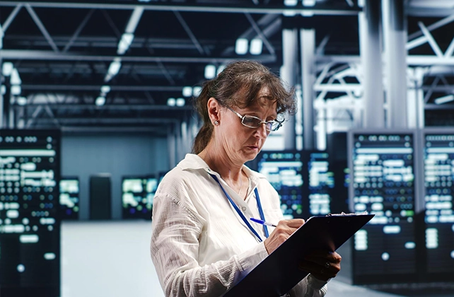 A DevOps engineer monitoring enterprise infrastructure and deployment environments in a data center.