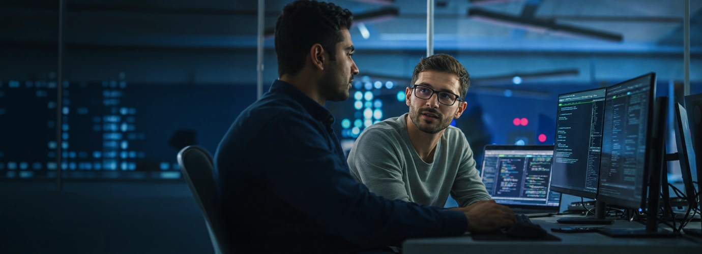 Two people sit at a desk in a dimly lit office discussing code displayed on multiple monitors.