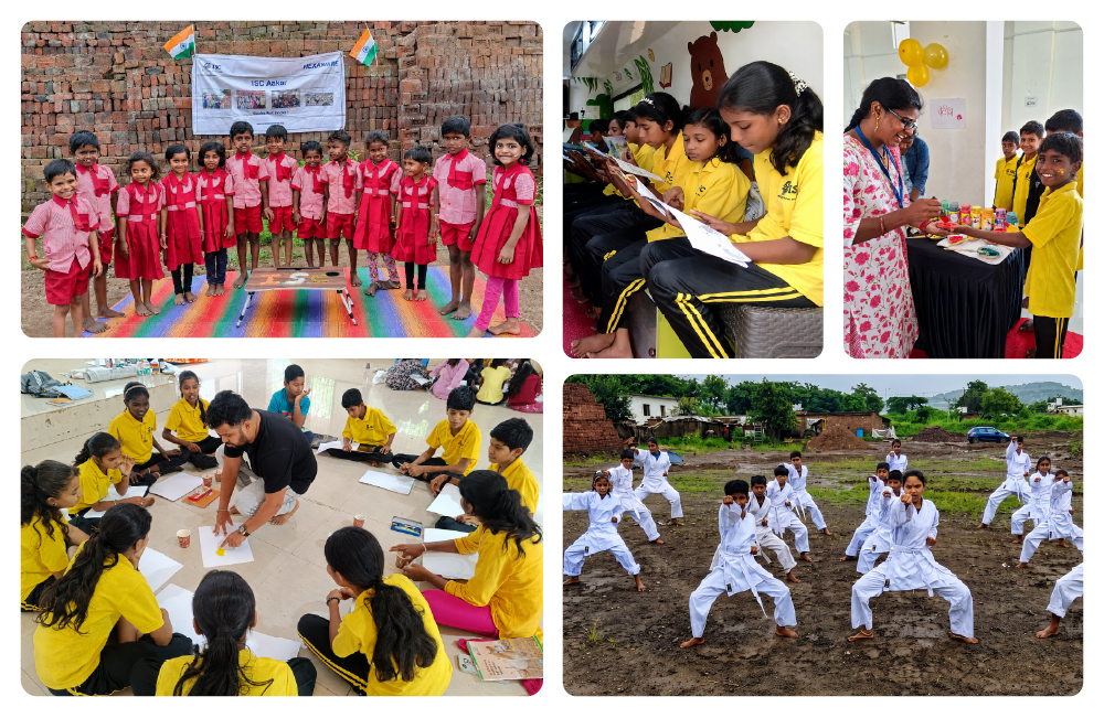 A collage of children participating in Hexaware CSR learning and sports activities 